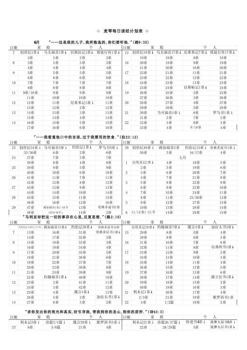 麦琴读经计划表