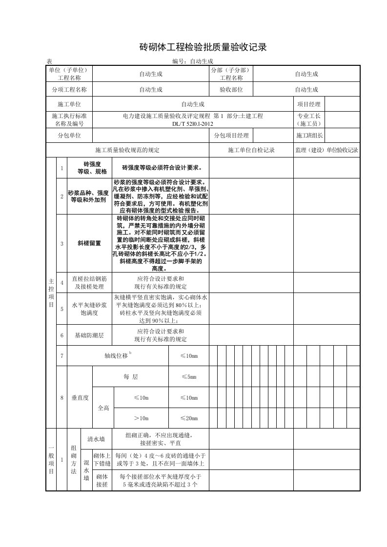 砖砌体工程检验批