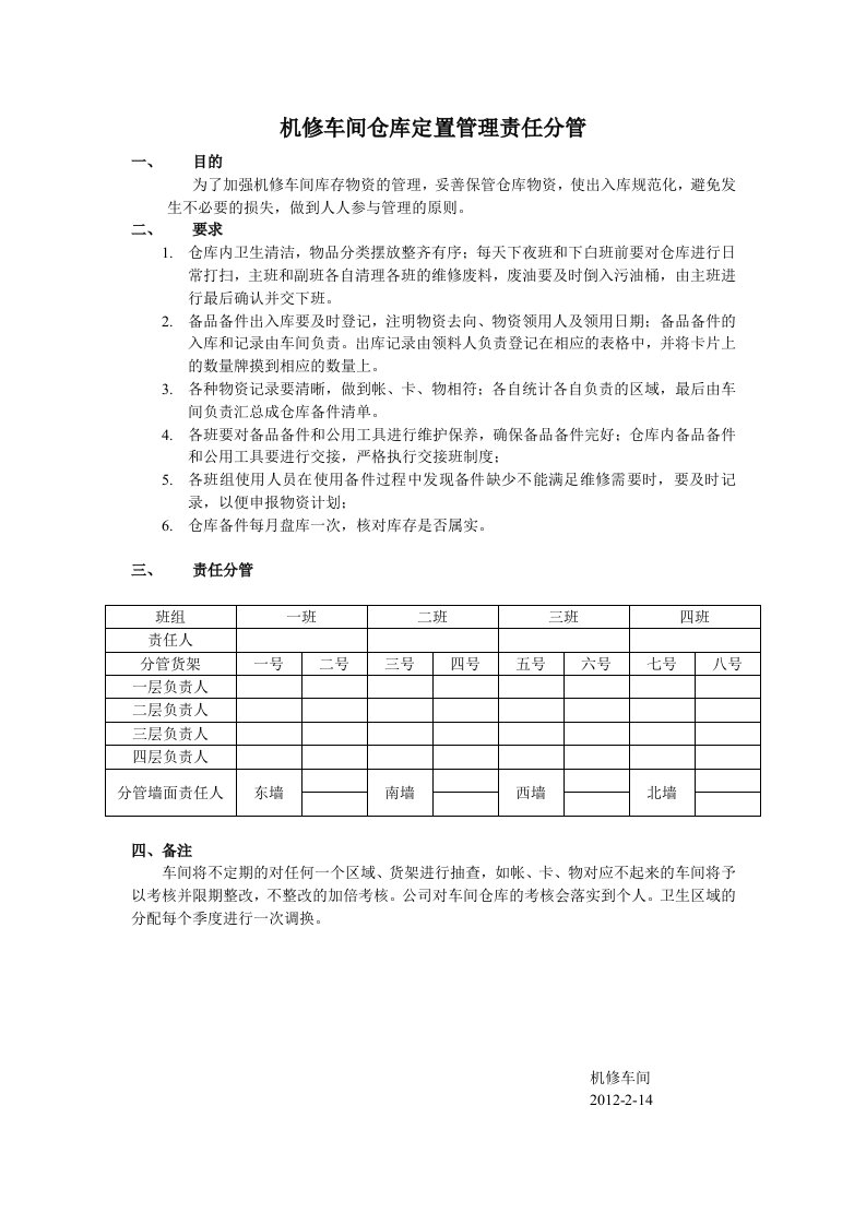 机修车间仓库定置管理责任分管