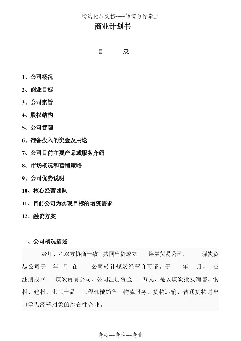 煤炭贸易公司商业计划书(共5页)