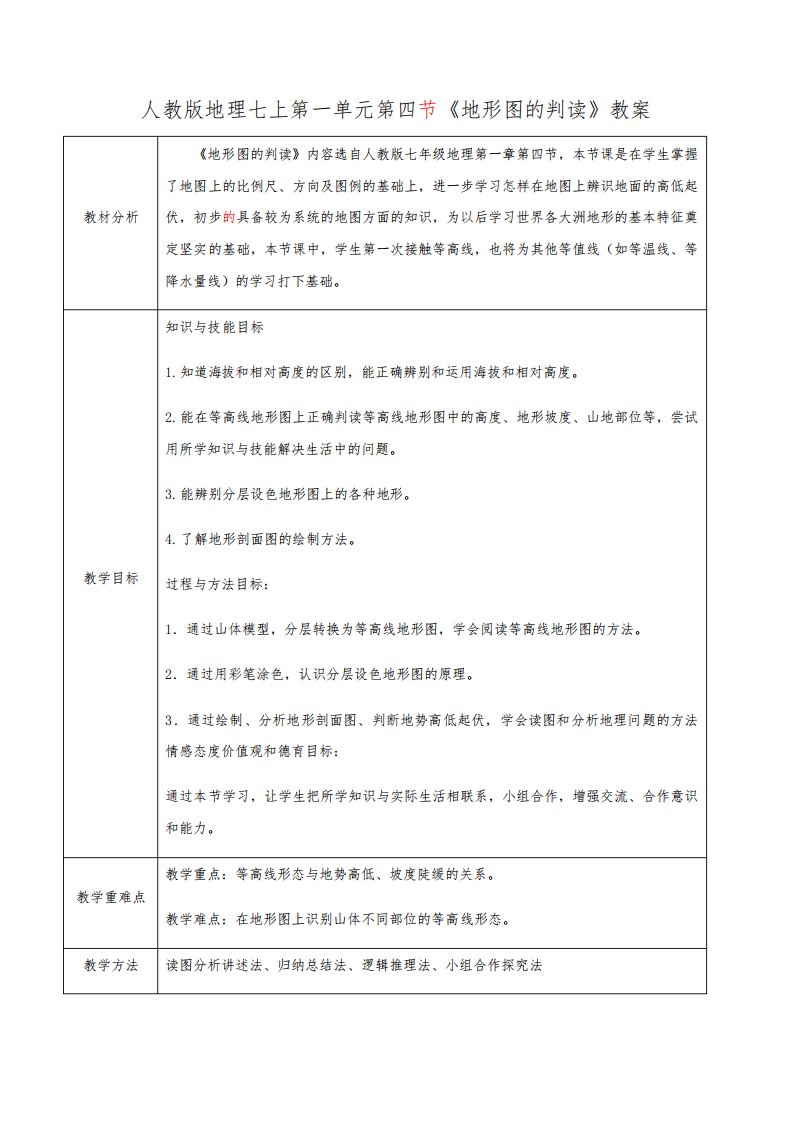 人教版七年级地理上册第一章第四节《地形图的判读》精品教案+练习题(含答案)