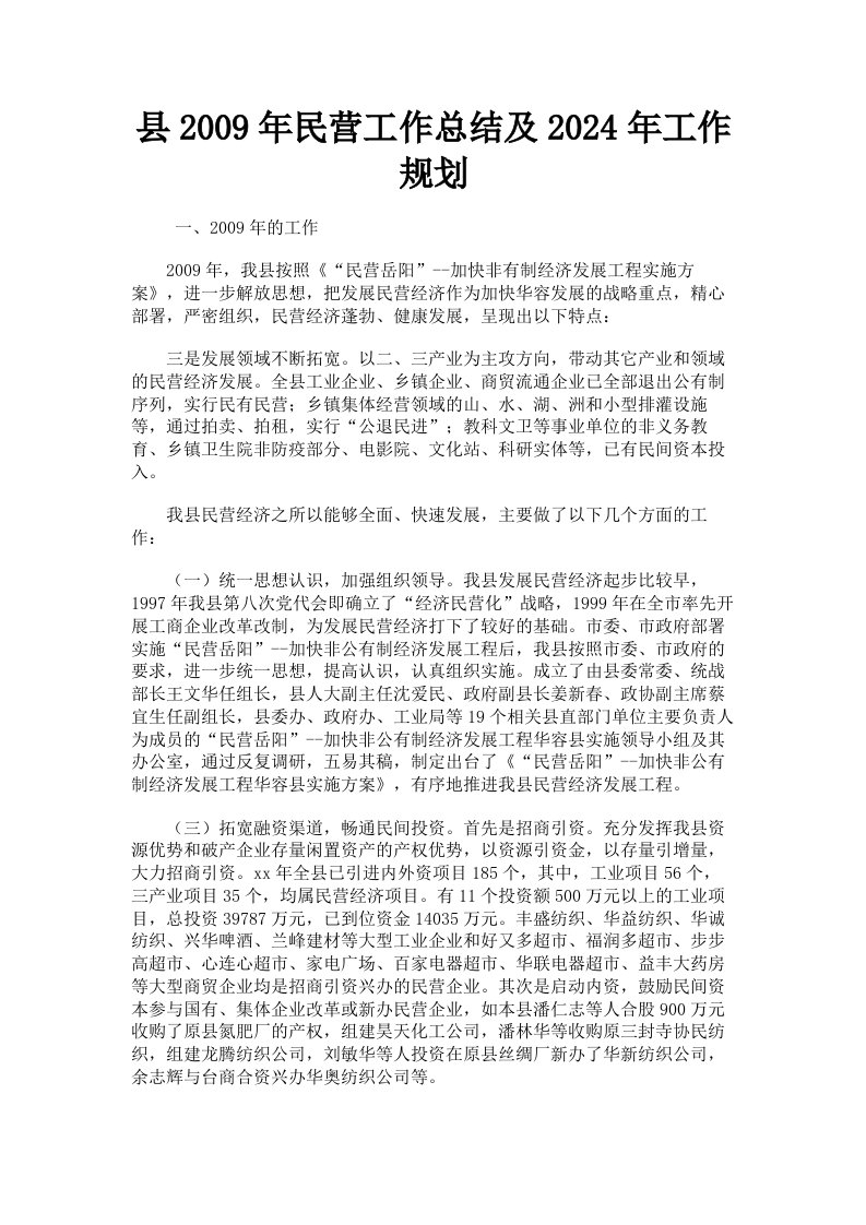 县2009年民营工作总结及2024年工作规划