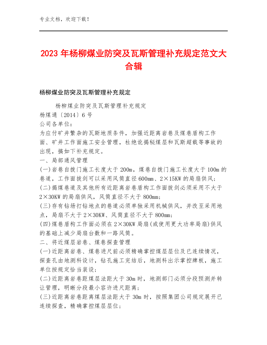 2023年杨柳煤业防突及瓦斯管理补充规定范文大合辑