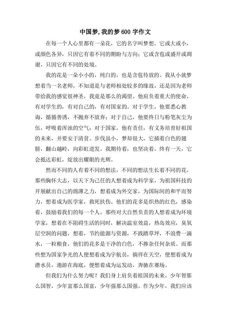 中国梦,我的梦600字作文