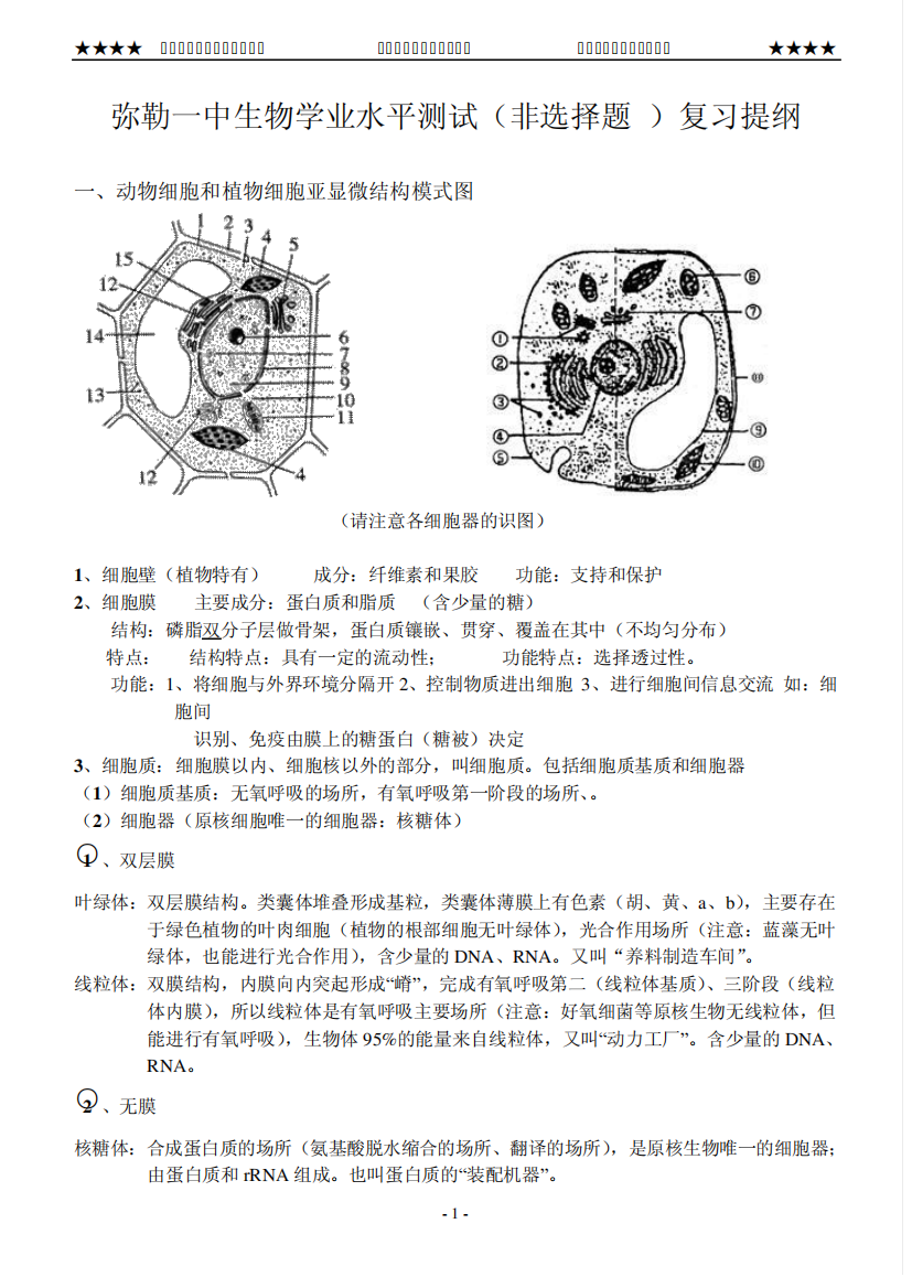 弥勒一中生物学业水平测试(非选择题