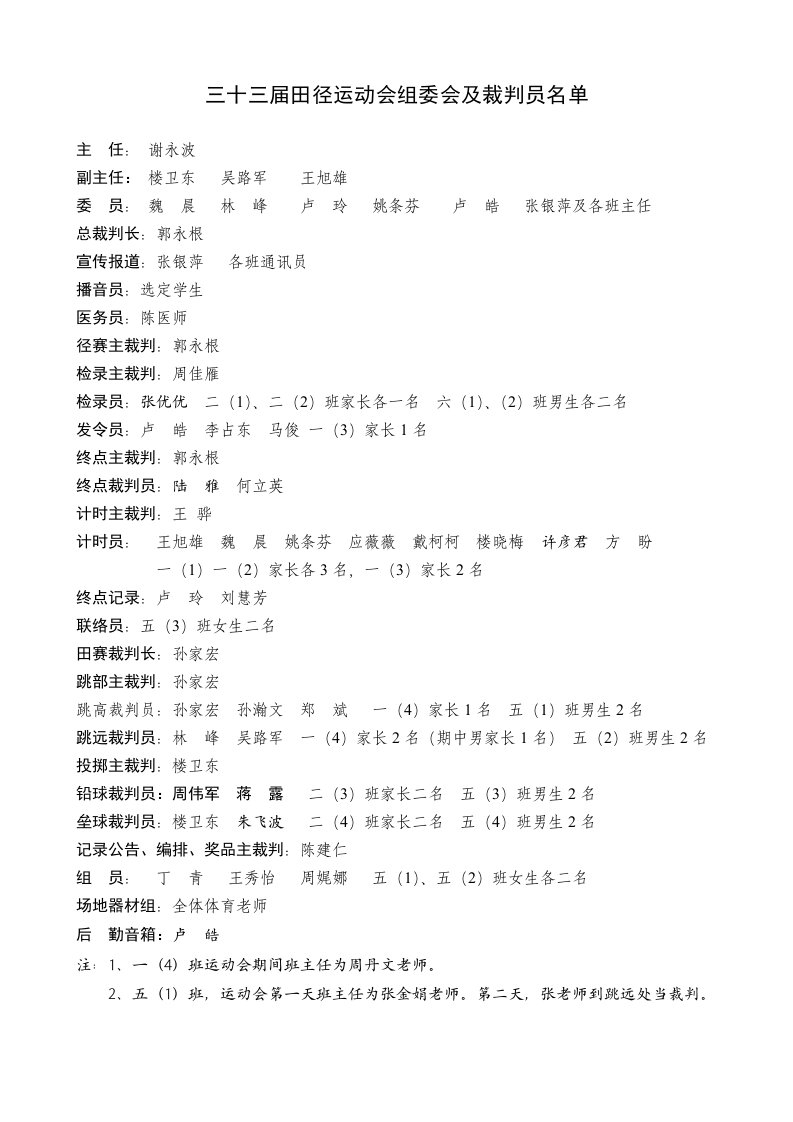 三十三届田径运动会组委会及裁判员名单