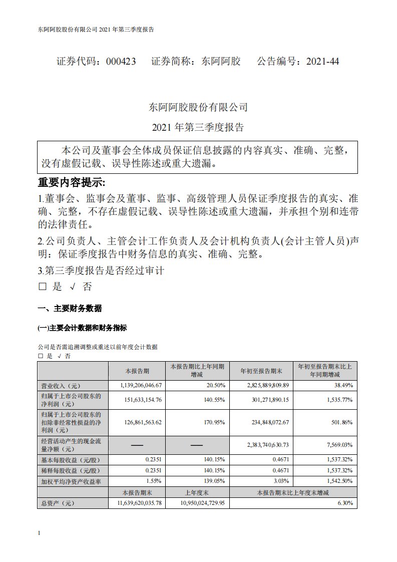 深交所-东阿阿胶：2021年第三季度报告-20211030