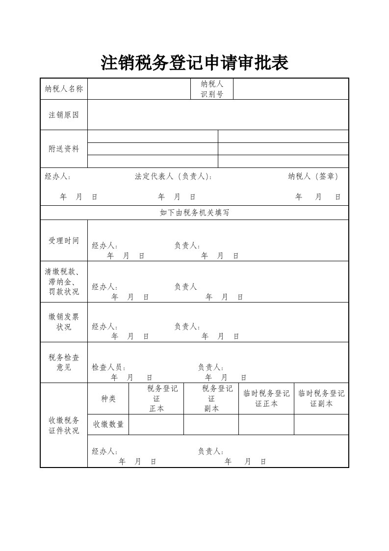 注销税务登记申请审批表