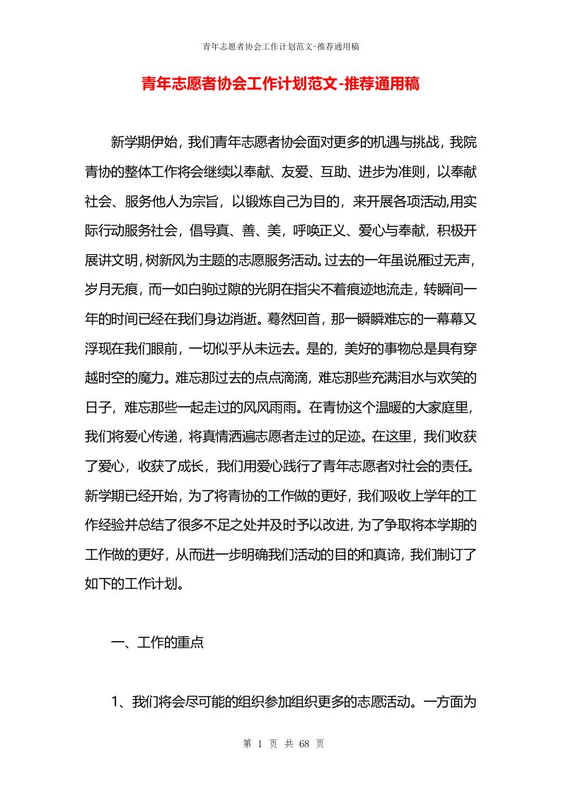 青年志愿者协会工作计划范文