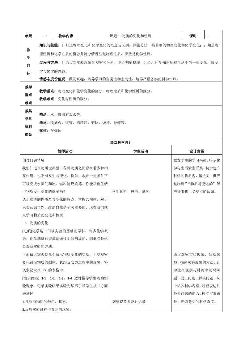 初三化学课题1物质的变化和性质表格式教案