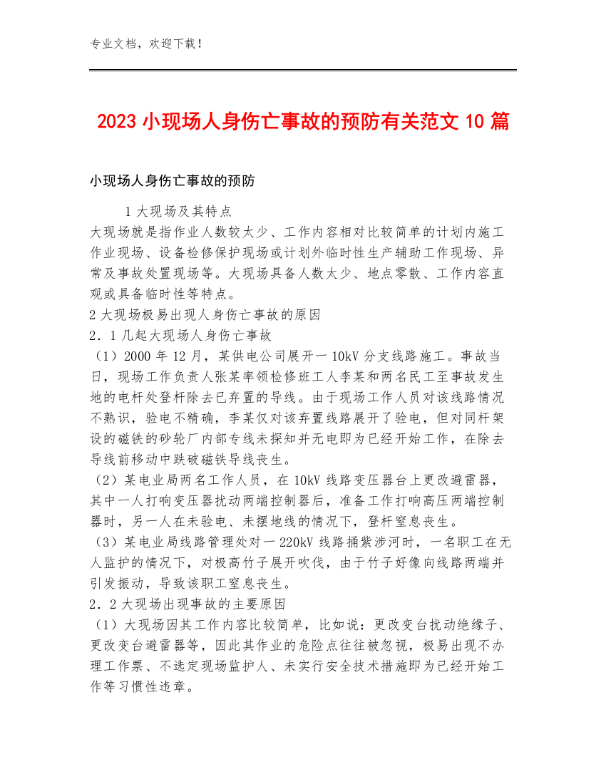 2023小现场人身伤亡事故的预防有关范文10篇