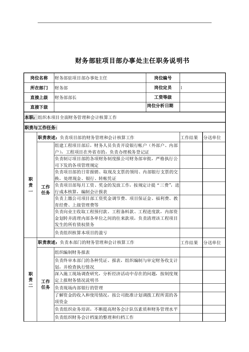 财务部驻项目部办事处主任岗位说明书