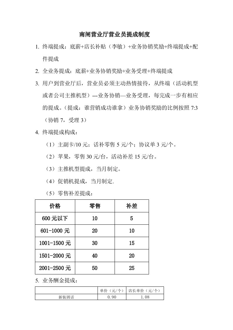 电信营业厅营业员提成制度