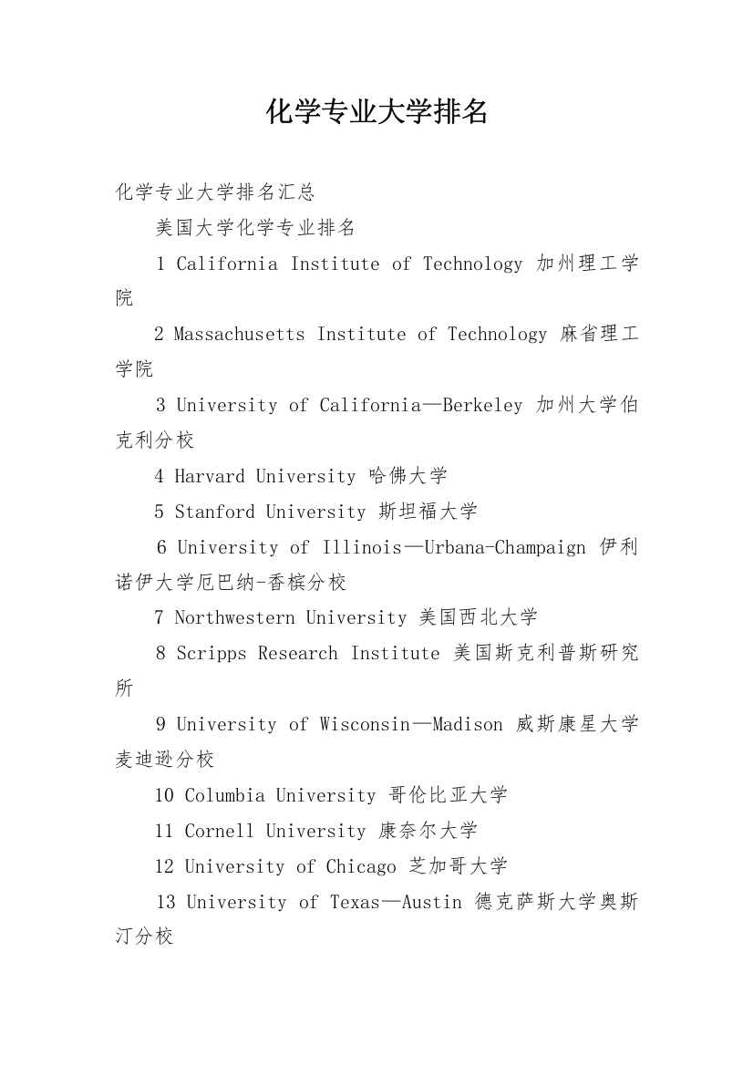 化学专业大学排名