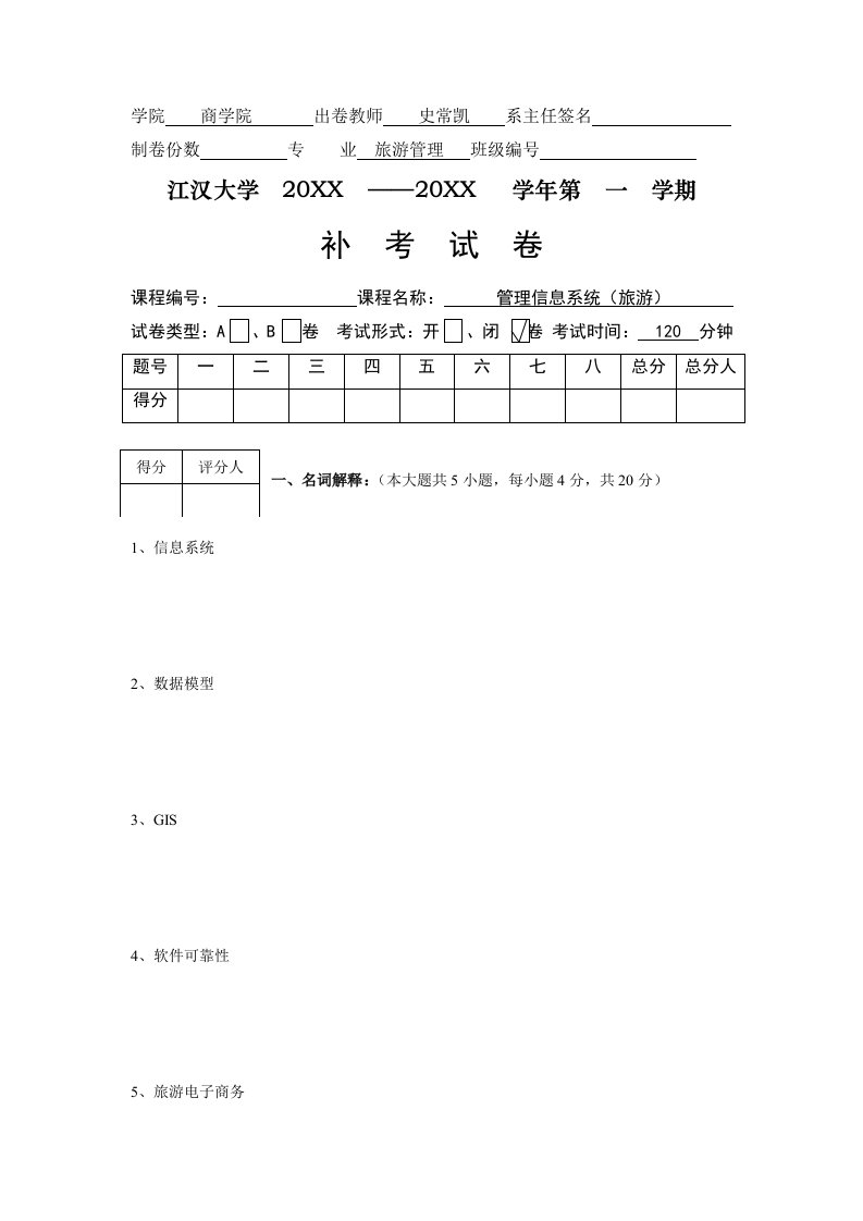 旅游行业-管理信息系统旅游补考试卷