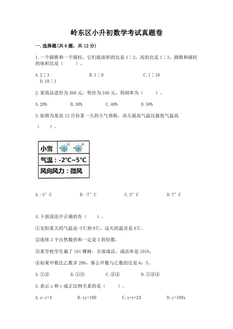 岭东区小升初数学考试真题卷附答案