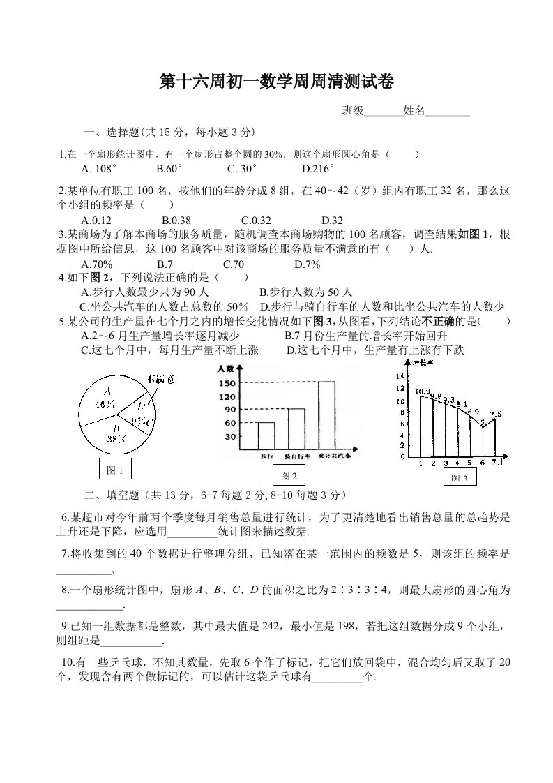 初中七年级数学数据与统计图表测试题