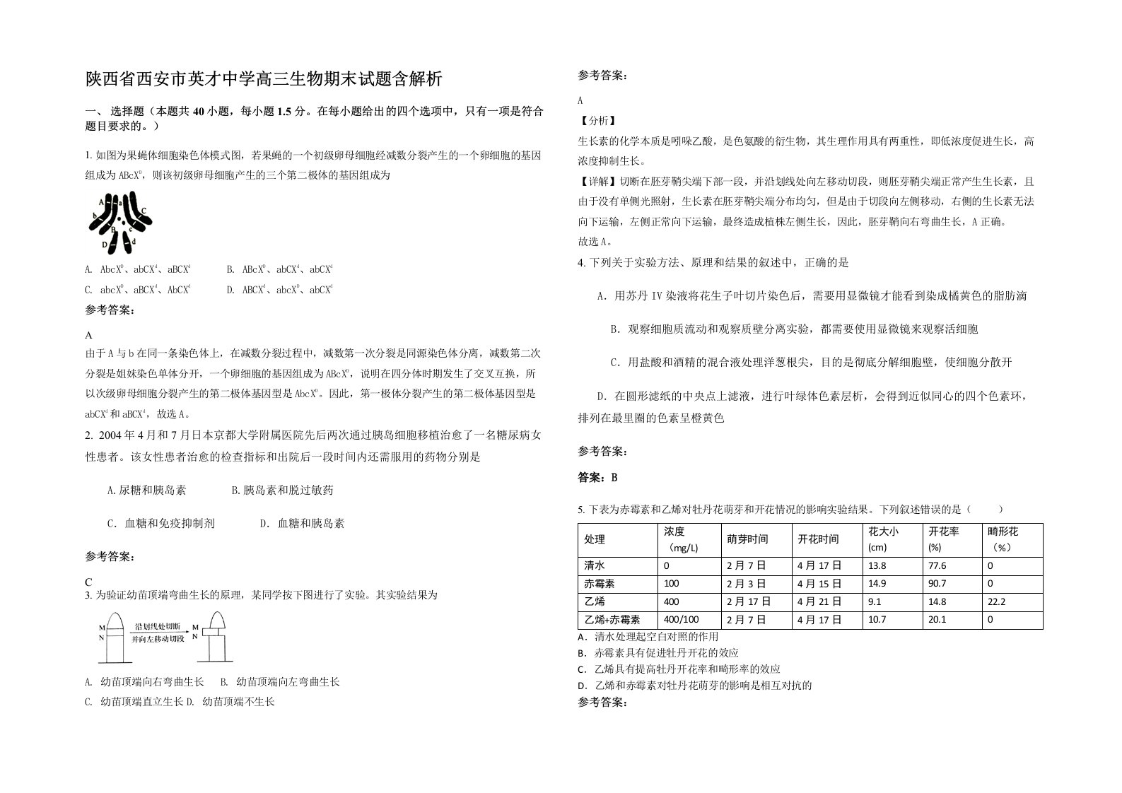 陕西省西安市英才中学高三生物期末试题含解析