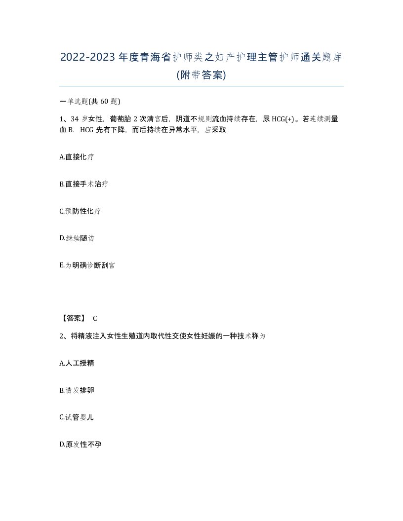 2022-2023年度青海省护师类之妇产护理主管护师通关题库附带答案