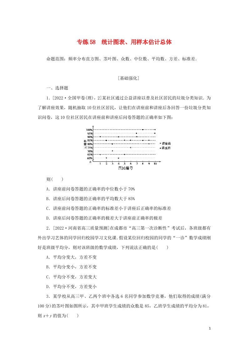 2023年高考数学微专题练习专练58统计图表用样本估计总体含解析理