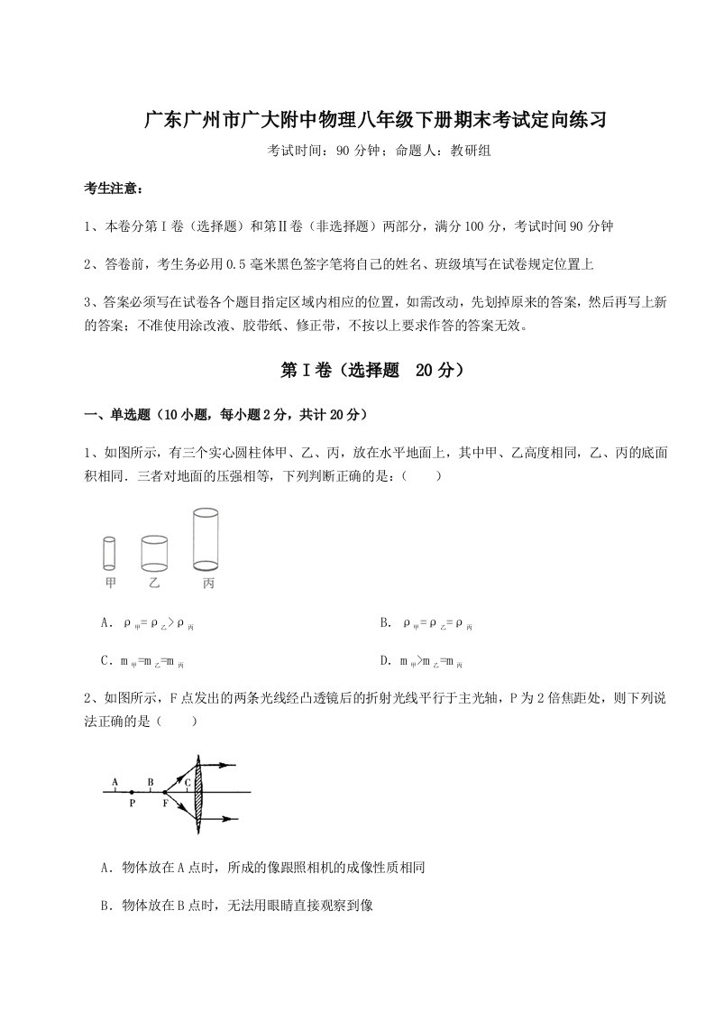 2023-2024学年度广东广州市广大附中物理八年级下册期末考试定向练习试题（解析版）