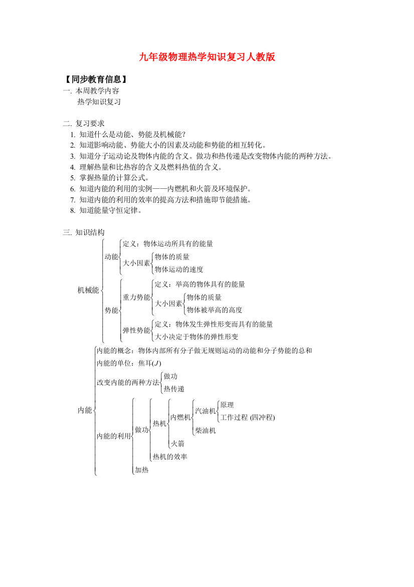 （整理版）九年级物理热学知识复习人教