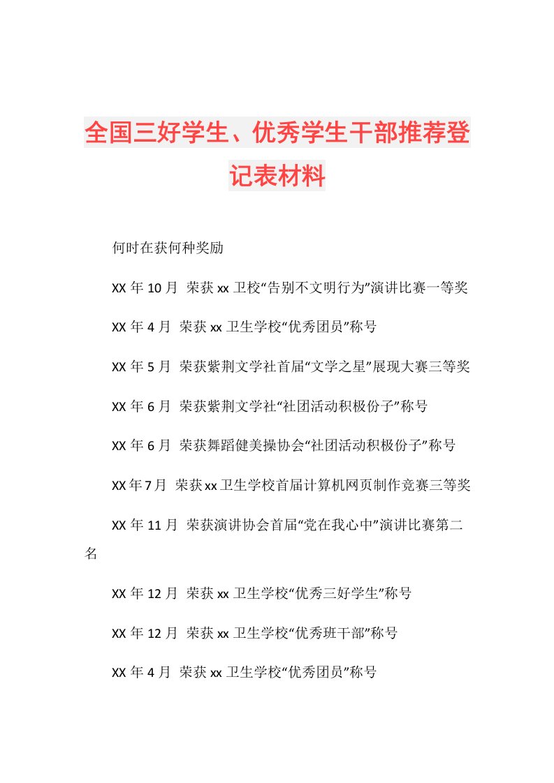 全国三好学生、优秀学生干部推荐登记表材料