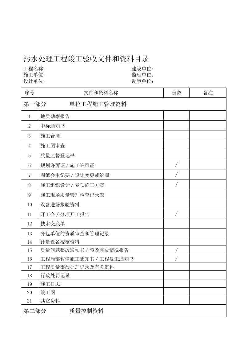 污水处理工程竣工资料目录