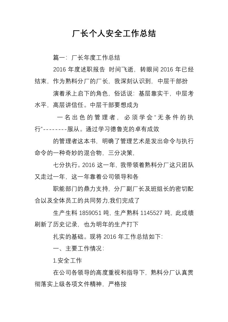 厂长个人安全工作总结