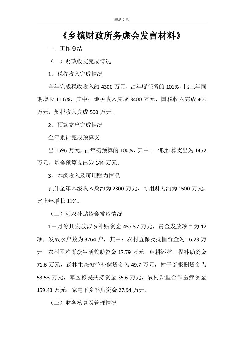 《乡镇财政所务虚会发言材料》