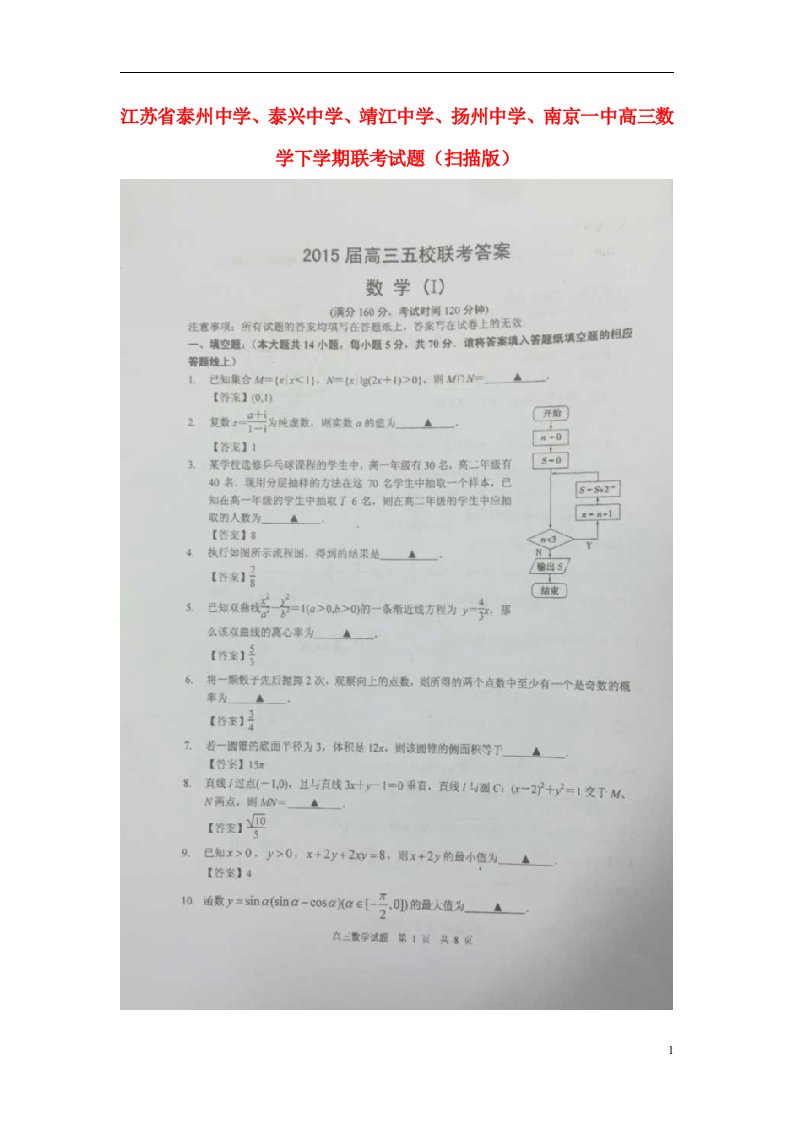 江苏省泰州中学、泰兴中学、靖江中学、扬州中学、南京一中高三数学下学期联考试题（扫描版）