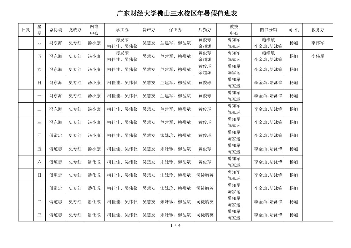 广东财经大学佛山三水校区2019年暑假值班表