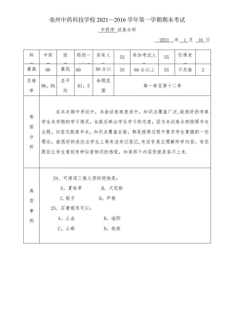 中药学试卷分析