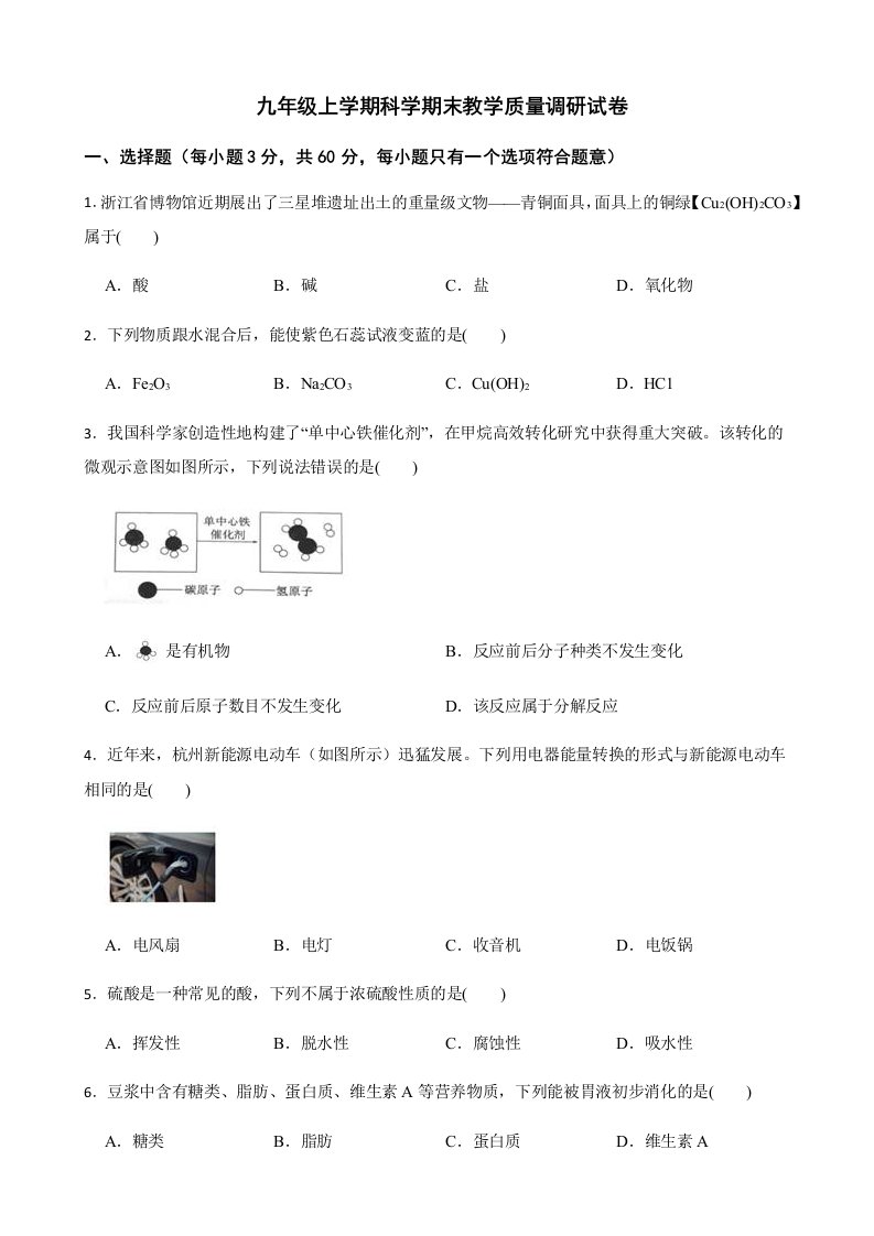 浙江省杭州市西湖区九年级上学期科学期末教学质量调研试卷及答案