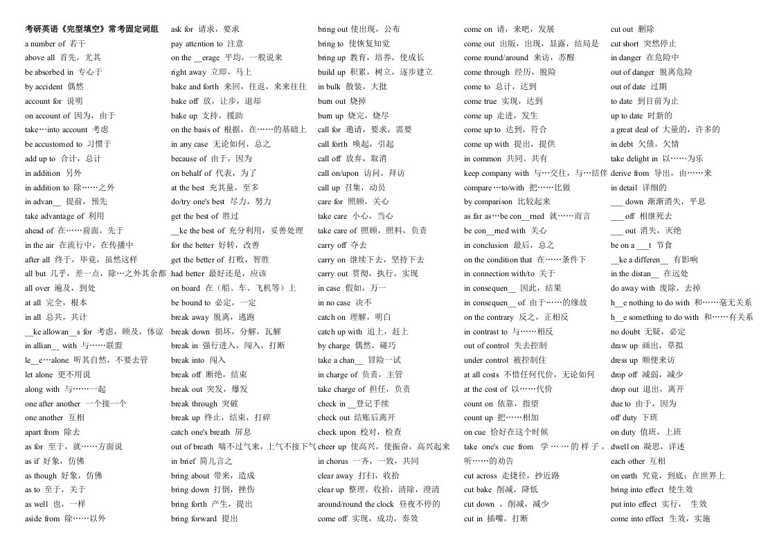 考研英语《完型填空》常考固定词组