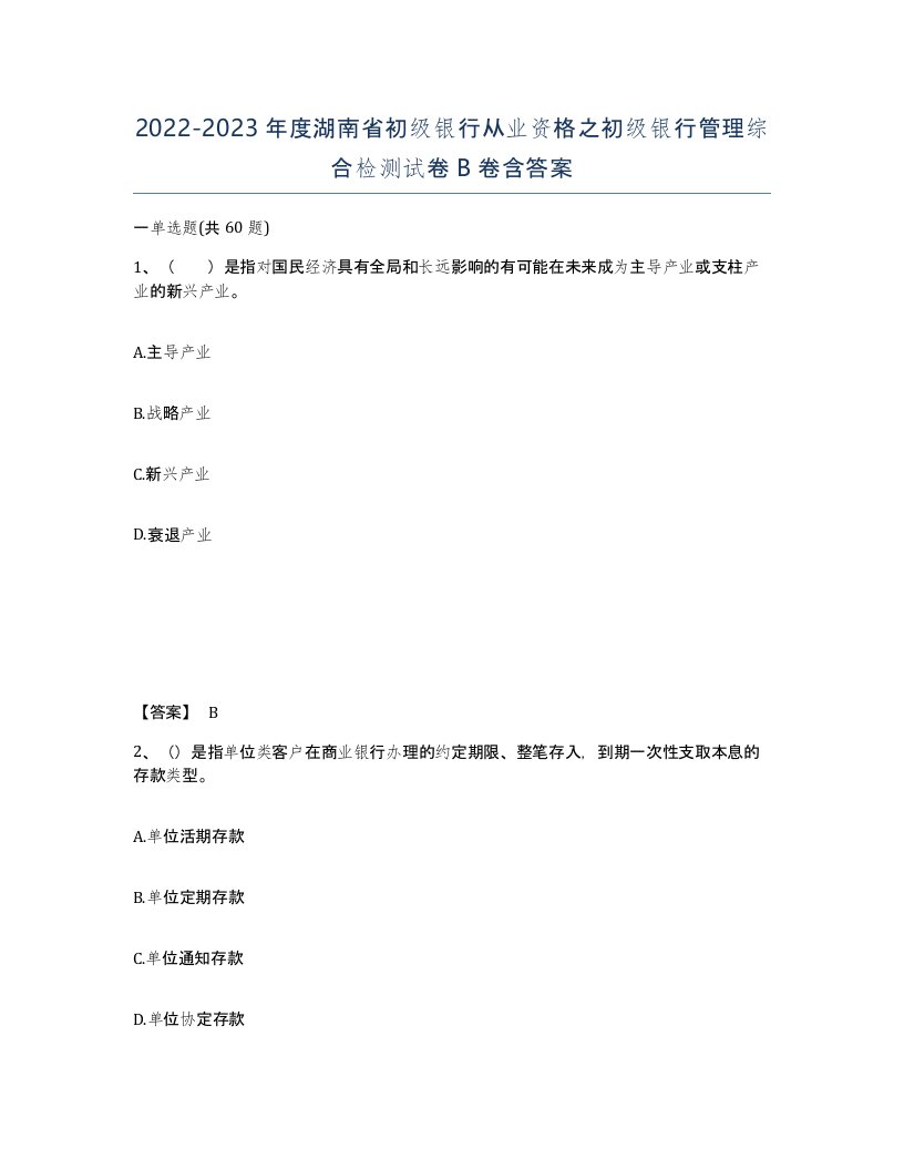 2022-2023年度湖南省初级银行从业资格之初级银行管理综合检测试卷B卷含答案