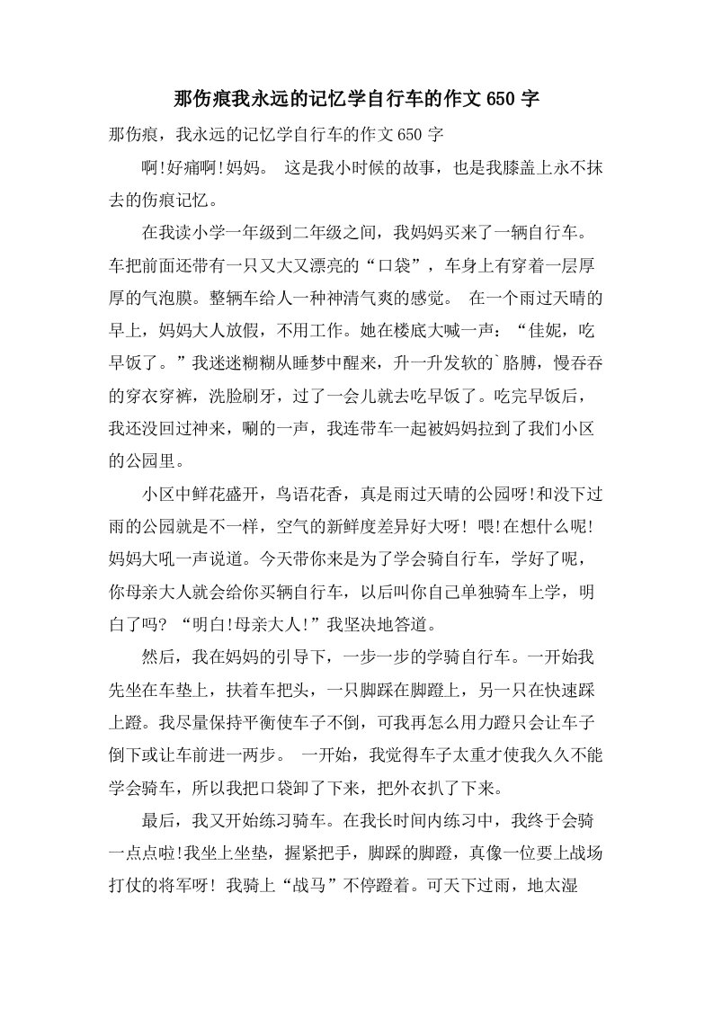 那伤痕我永远的记忆学自行车的作文650字