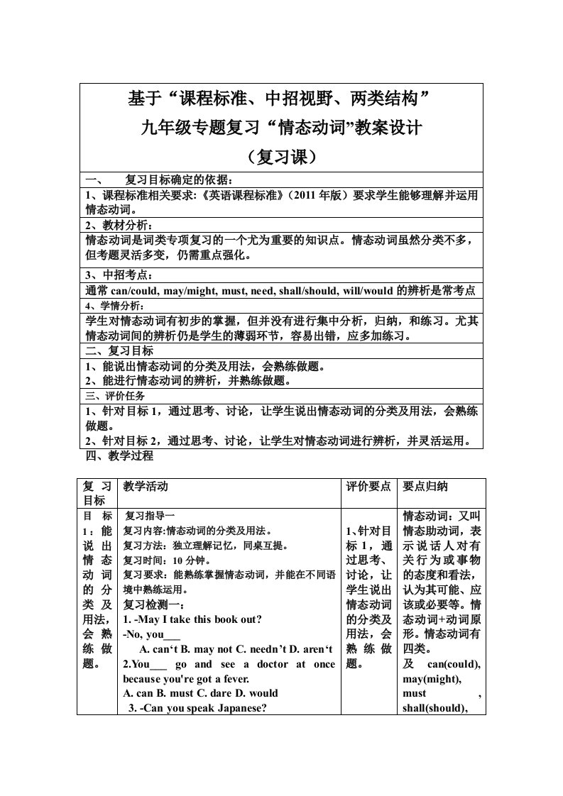 仁爱版九年级英语中考二轮专题复习教案：（情态动词）教案