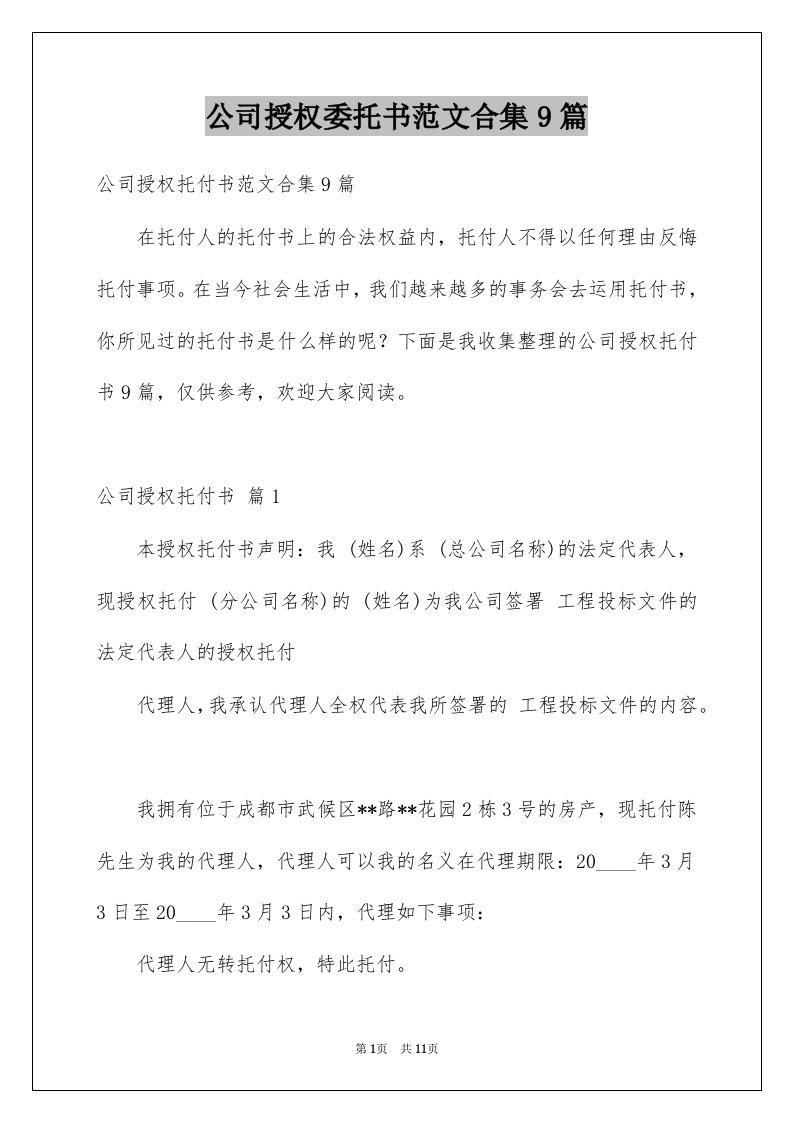 公司授权委托书范文合集9篇