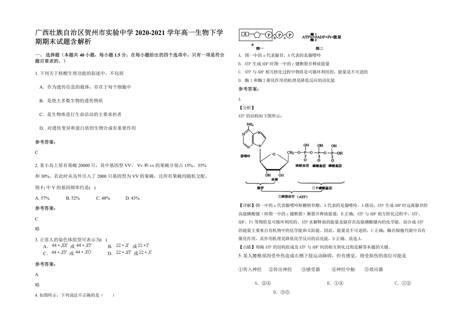 广西壮族自治区贺州市实验中学2020-2021学年高一生物下学期期末试题含解析