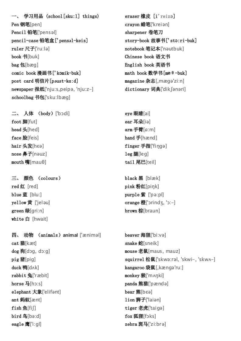 小学英语单词大全分类