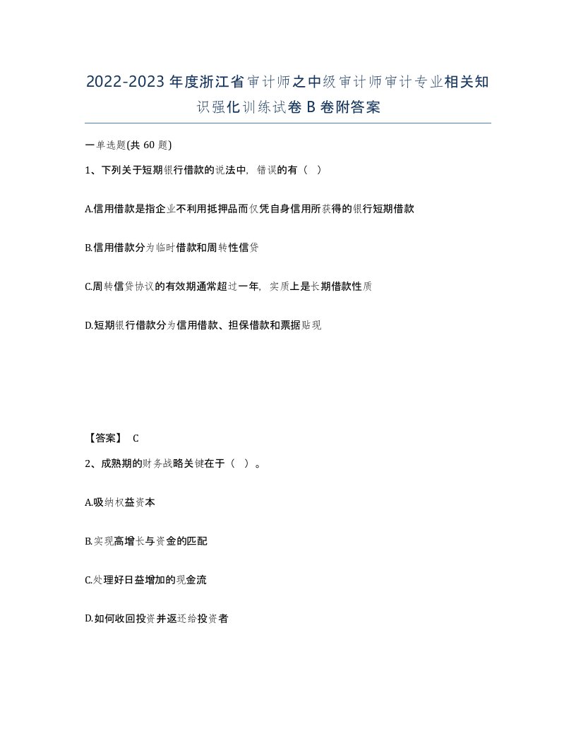 2022-2023年度浙江省审计师之中级审计师审计专业相关知识强化训练试卷B卷附答案