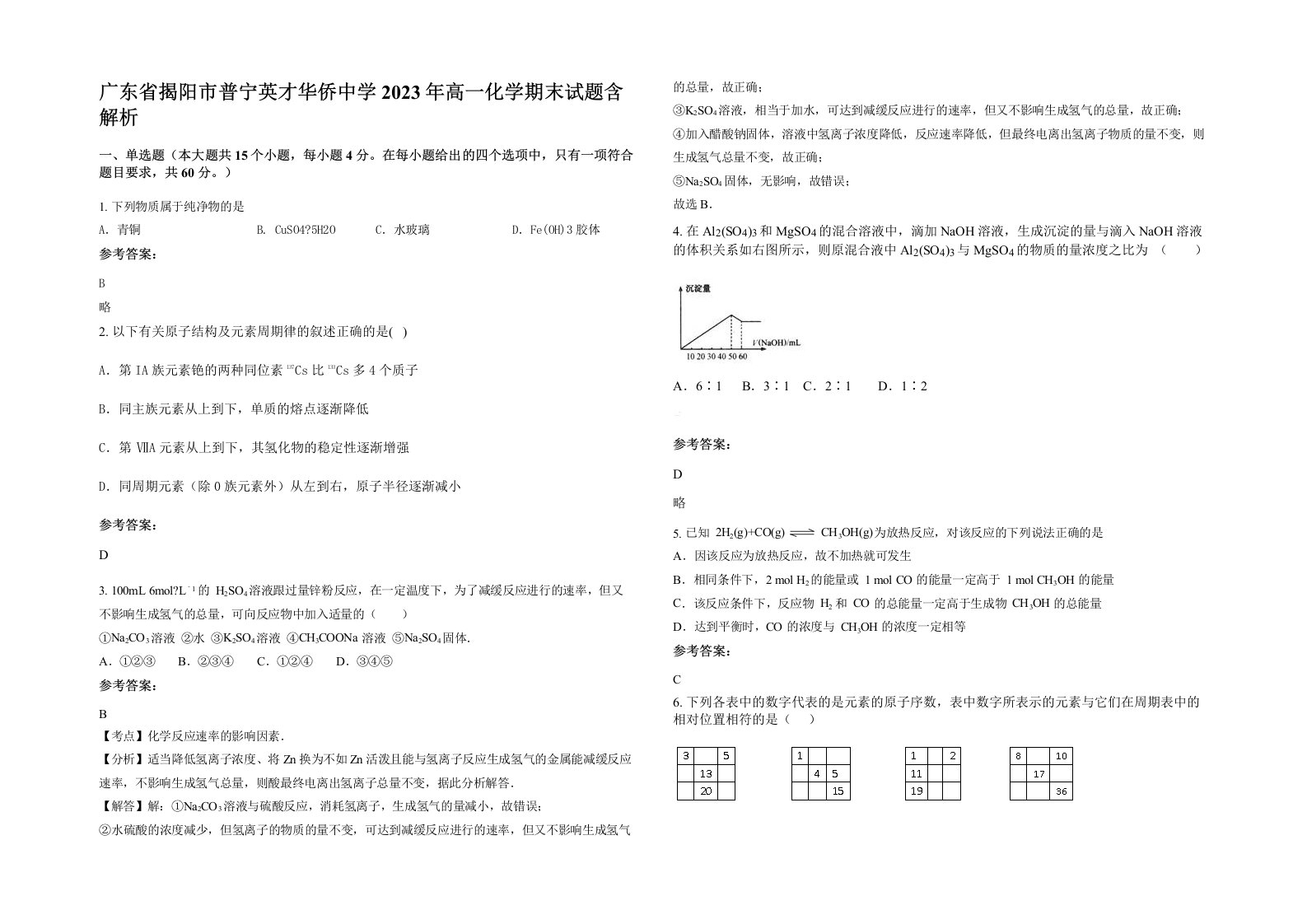 广东省揭阳市普宁英才华侨中学2023年高一化学期末试题含解析