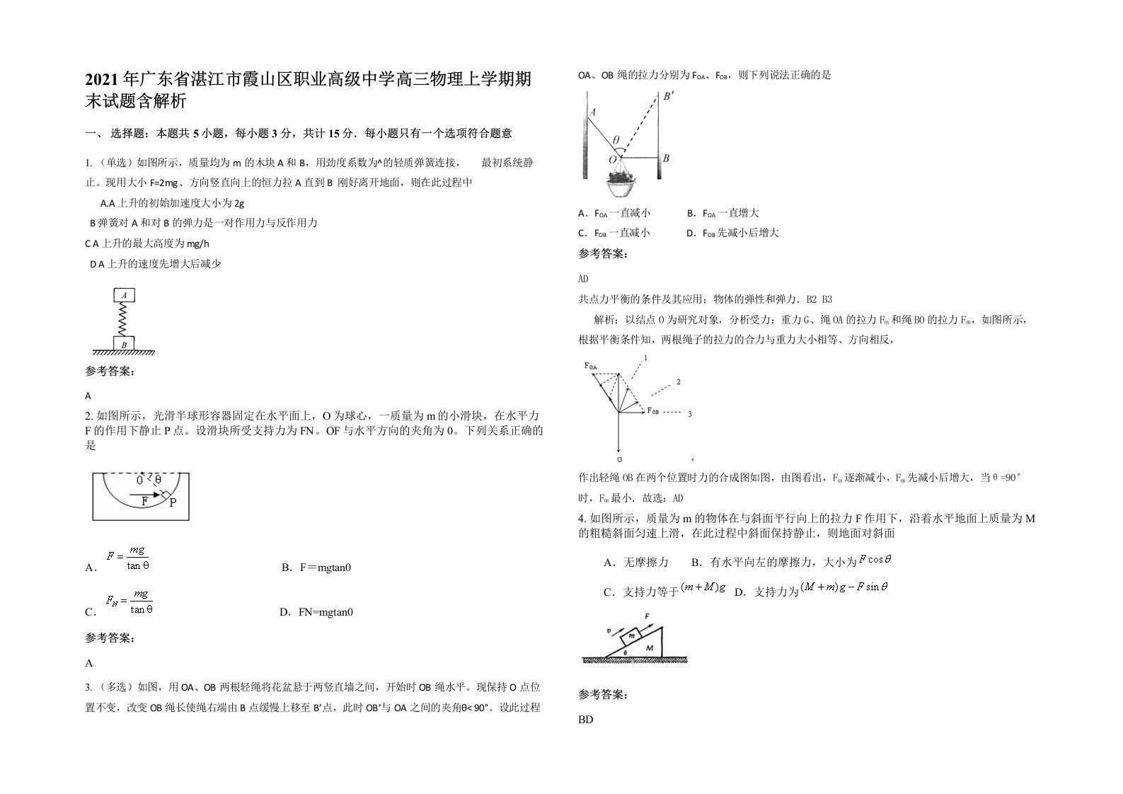 2021年广东省湛江市霞山区职业高级中学高三物理上学期期末试题含解析