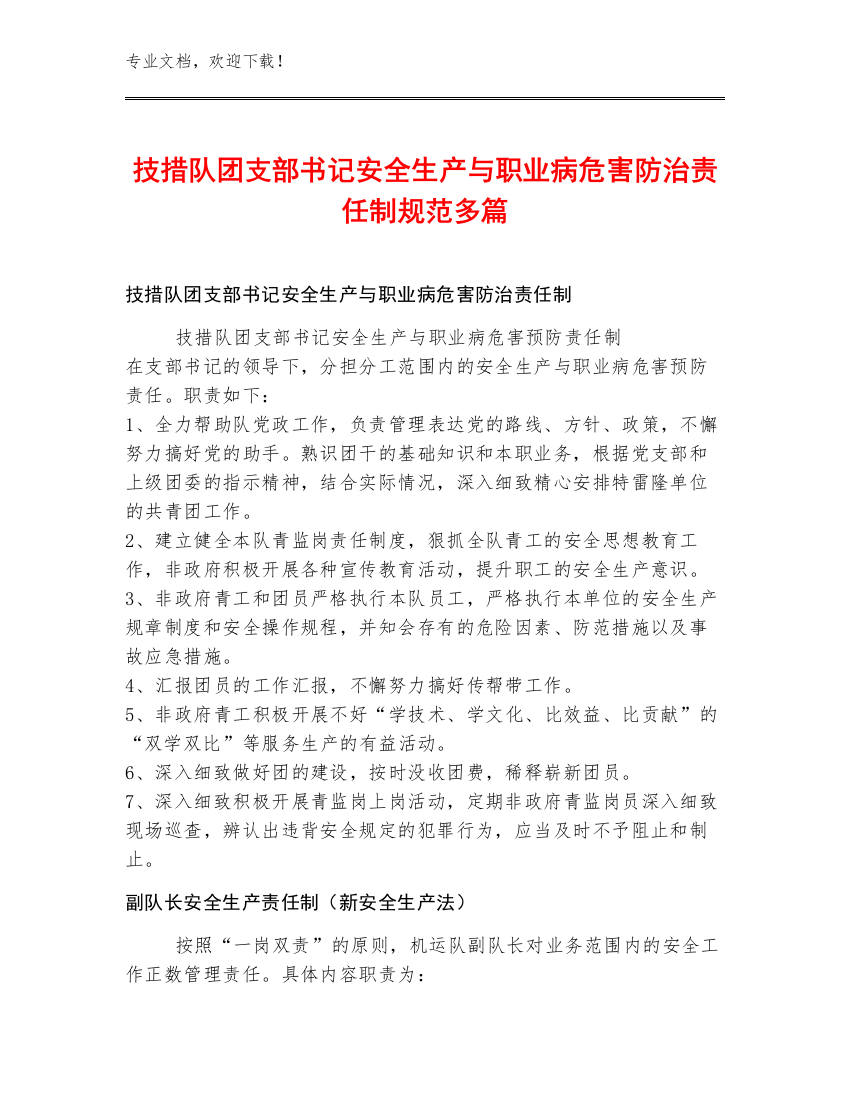 技措队团支部书记安全生产与职业病危害防治责任制规范多篇