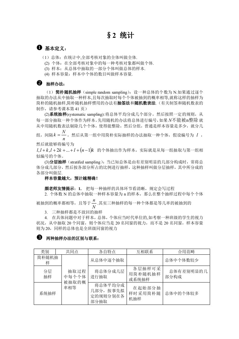 高一数学必修3《统计》公式总结以及例题