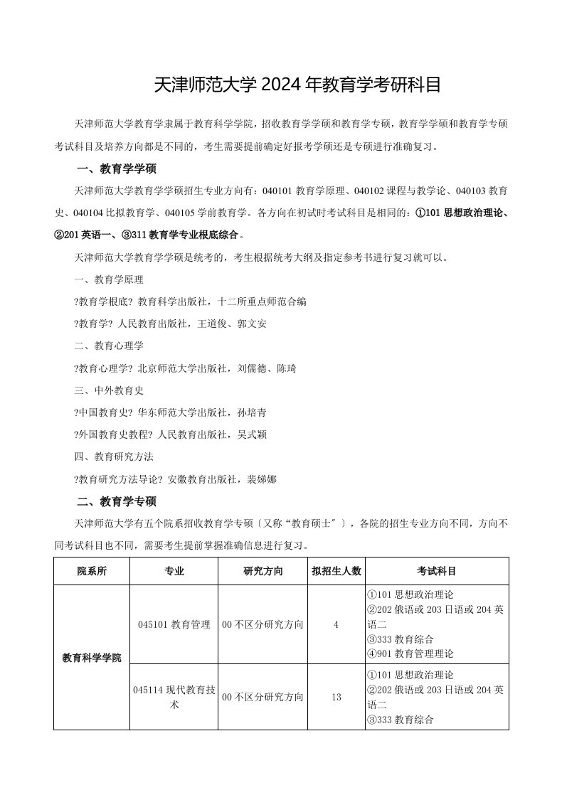 天津师范大学2024年教育学考研科目