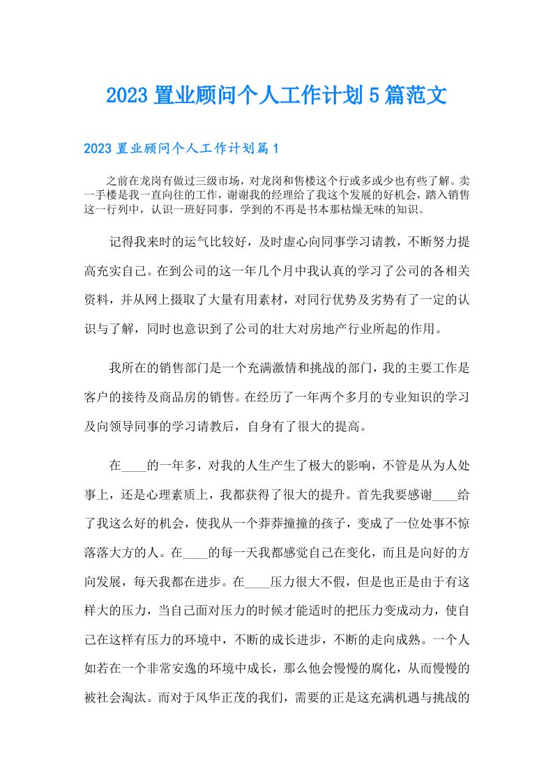 置业顾问个人工作计划5篇范文