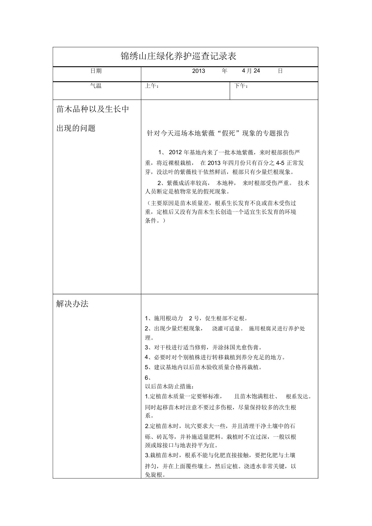 绿化养护巡查记录表