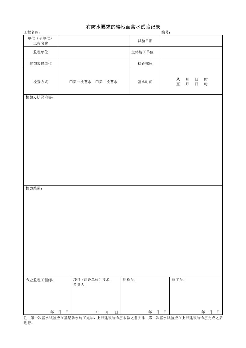 建筑工程-197有防水要求的楼地面蓄水试验记录